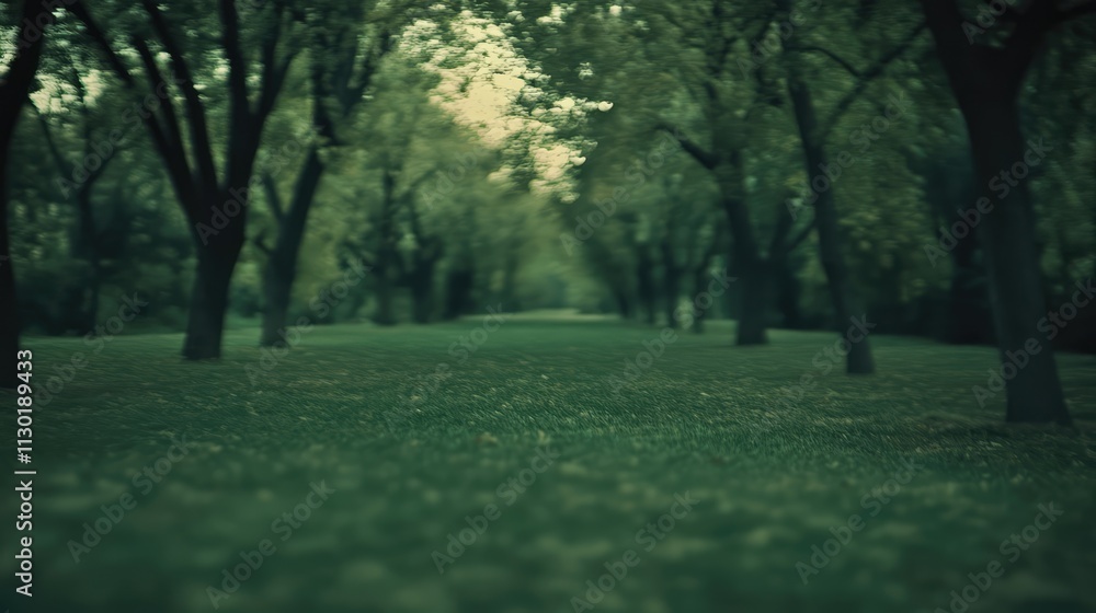 Poster serene blurred view of a tranquil park path surrounded by lush greenery ideal for background composi