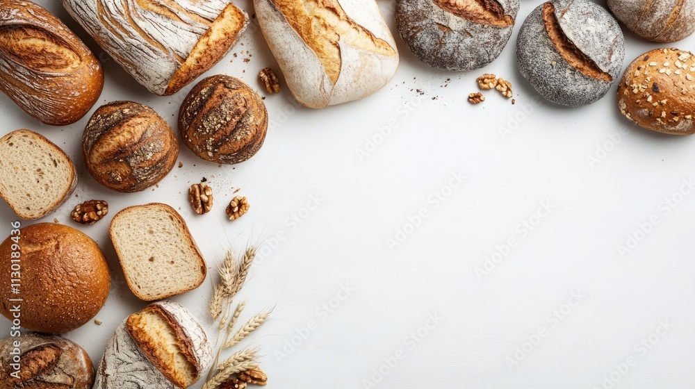 Poster artisan breads and rolls arranged on a white background showcasing various textures and colors with 