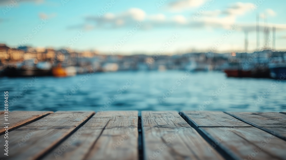 Aufkleber wooden pier with blurred harbor background and clear space for text or graphics in a tranquil seasid