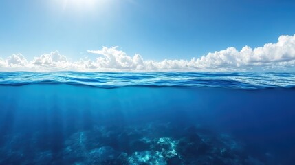 Obraz premium Tranquil split view of ocean water surface and underwater landscape under a clear blue sky with soft clouds and sunlight reflections.