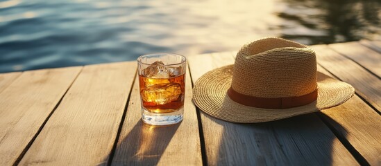 Summer cocktail and straw hat on a wooden boardwalk by the water evoking relaxation and vacation vibes with beach accessories.