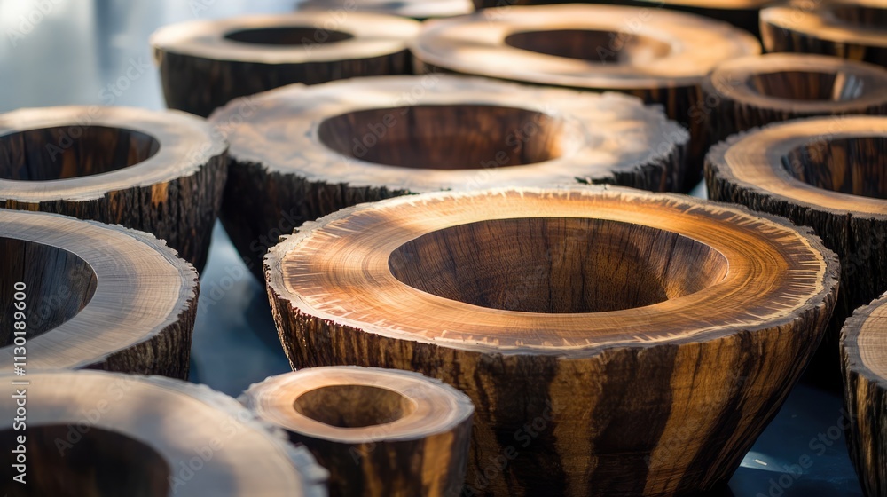 Poster wooden tree rings showcasing intricate textures and patterns in handcrafted bowls on display as rust
