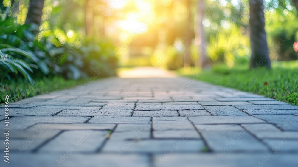 Poster blurred background of a peaceful sidewalk path surrounded by greenery and sunlight creating a serene
