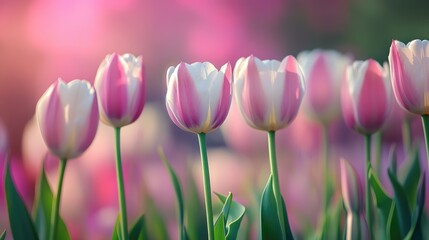 Fototapeta premium Vibrant tulip field showcasing blooming flowers in soft pastel colors under gentle sunlight.