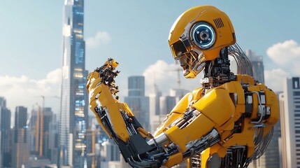 Advanced Robotic Figure in Futuristic Cityscape