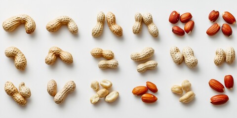 Peanuts displayed on a white background create a visually appealing and simple composition, highlighting the natural texture and color of peanuts in an elegant way.