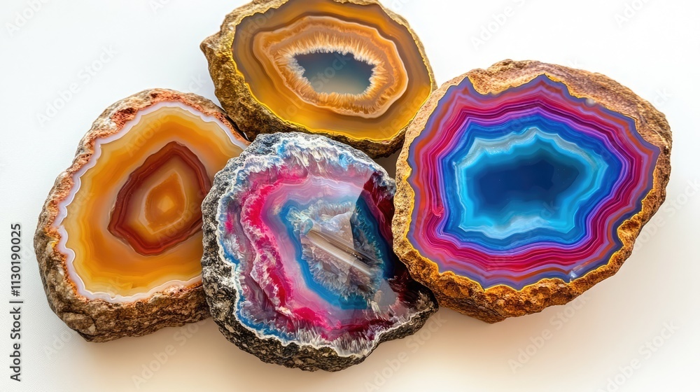 Poster colorful agate stone slices displaying intricate textures and vibrant patterns against a neutral bac