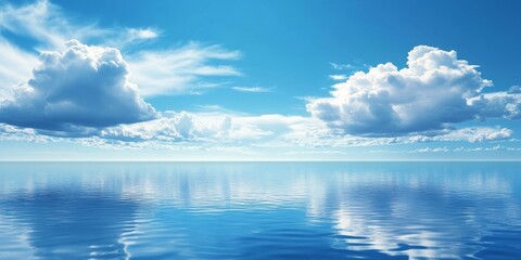 Obraz premium Beautiful blue sky and vast sea create a stunning scenery, featuring a mesmerizing blue sky that reflects magnificently on the serene sea, showcasing the beauty of nature and its colors.