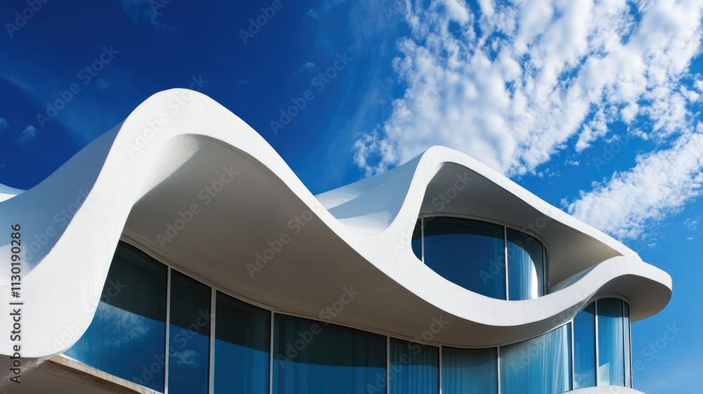 Poster modern architectural design with abstract shapes and curved lines against a backdrop of blue sky and