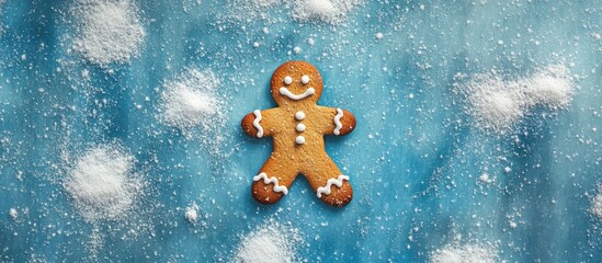 Festive Gingerbread Man Cookie on Icy Blue Background Decorated with Sugar for Holiday Card and Winter Celebration Concept