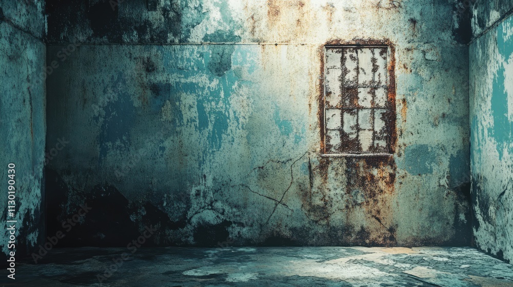 Poster grunge style interior with rusty metal wall and window creating an atmospheric, distressed backgroun