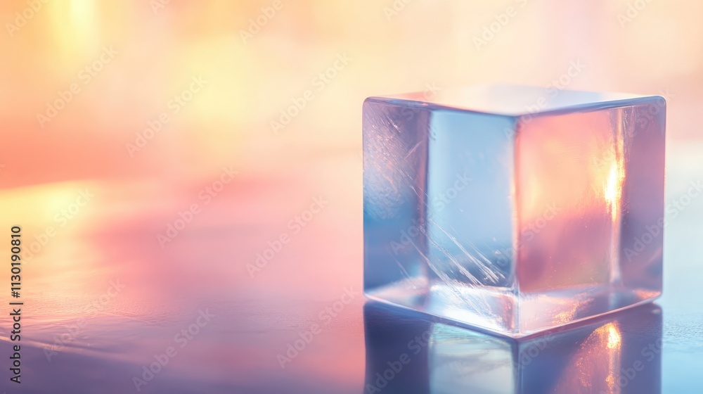 Aufkleber close up of a transparent ice cube highlighting its geometric form and cool colors set against a sof