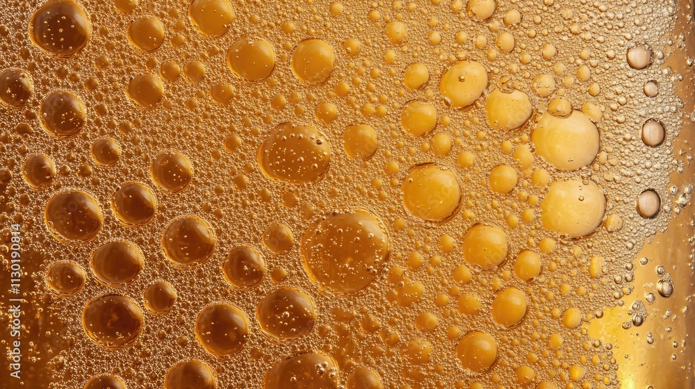 Poster close up of golden water bubbles on a surface creating a textured background suitable for beverages 