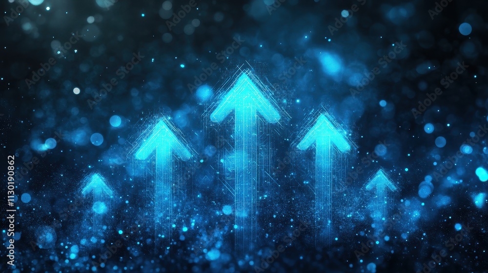 Poster a blue background with a row of arrows pointing upwards