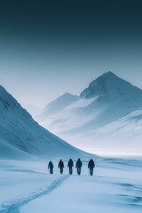 Group of hikers walking in snowy mountains under a blue sky