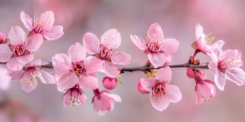Obraz premium Delicate pink cherry blossom flowers bloom on a prunus tree, creating a stunning display of cherry blossoms that epitomize the beauty of Spring and nature s vibrant renewal.