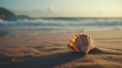 Obraz premium Seashell on sandy beach with gentle waves in the background during sunset capturing the essence of a tranquil coastal scene