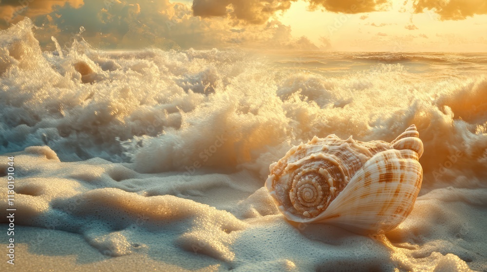 Poster seashell resting on sandy beach with gentle waves and golden sunlight creating a serene coastal atmo