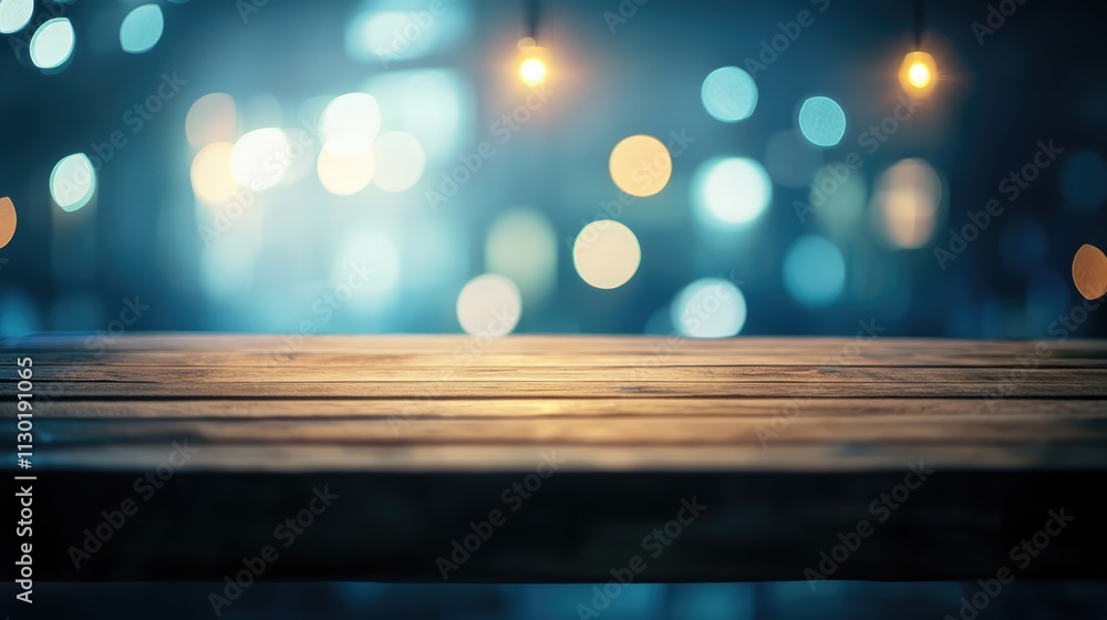 Poster wooden kitchen table with blurred bokeh background creating a warm atmosphere for dining display or 