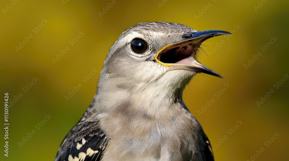 Poster close-up of a mockingbird with open beak against a blurred colorful background showcasing its detail