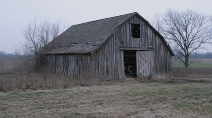 Obraz premium Abandoned rustic wooden barn in a serene rural landscape surrounded by overgrown grass and bare trees on a cloudy day