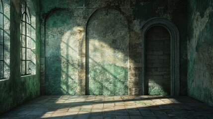 Obraz premium Abandoned room interior with textured green walls and natural light casting shadows through arched windows and doorways
