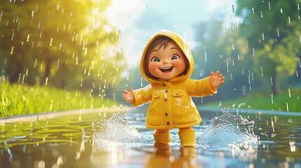 Happy Child in Yellow Raincoat Playing in Puddle Rainy Day Fun