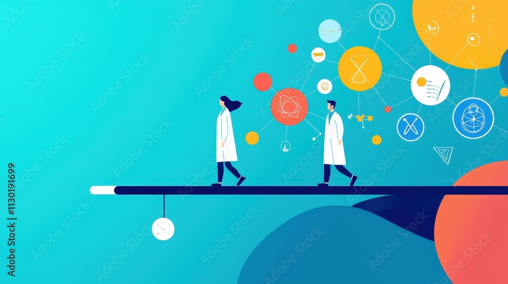 Poster a scientist walking along a bridge made of floating symbols of knowledge and discovery.