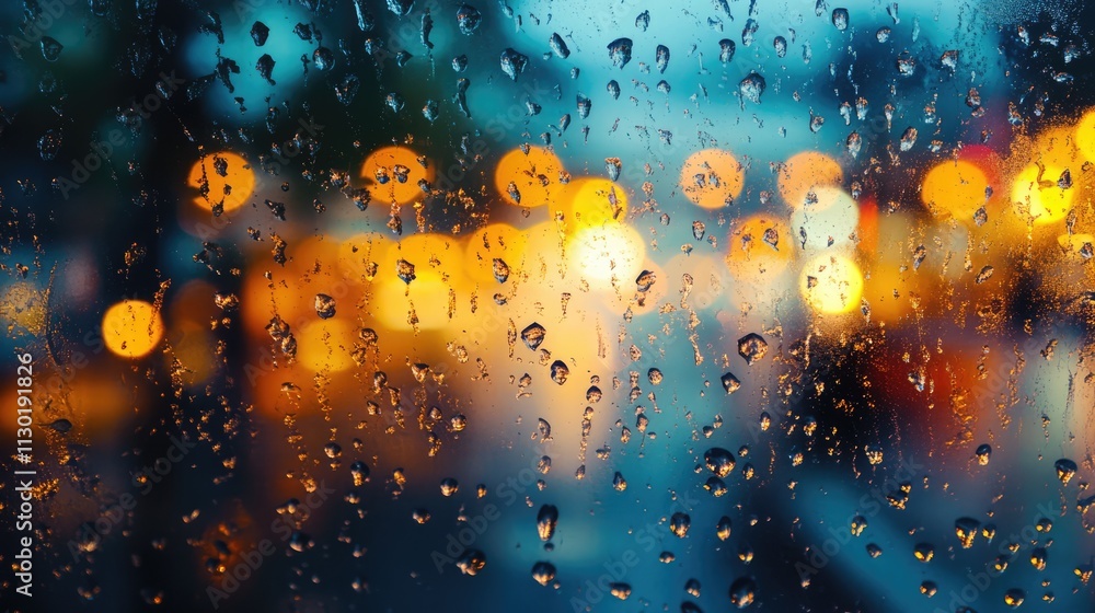 Poster Raindrops on glass creating a blurred urban background with colorful bokeh lights and a soothing atmospheric texture_effect.