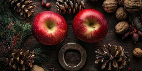 High angle view showcasing two vibrant red apples, a rustic horseshoe, pinecones, and assorted nuts arranged on a dark brown wooden table. This flatlay composition emphasizes the red apples
