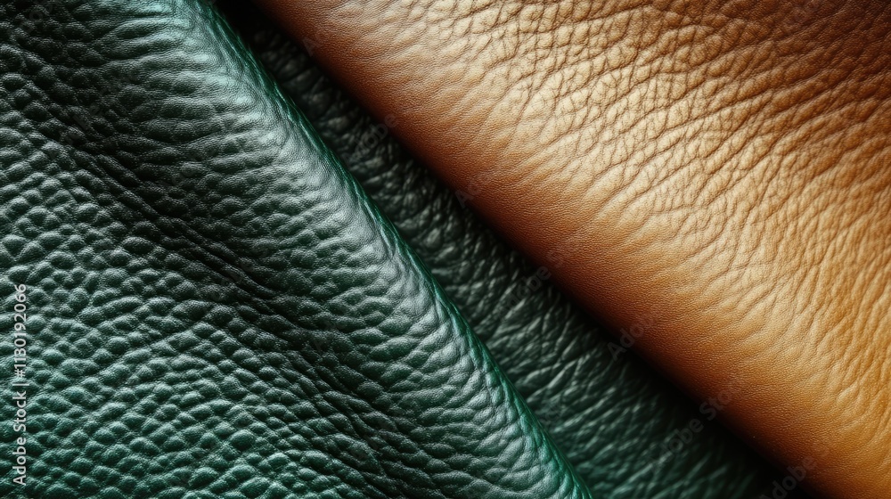 Poster textured background featuring two distinct shades of green leather highlighting their unique grain p