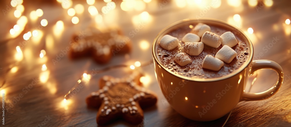 Poster warm cocoa topped with marshmallows and gingerbread cookie on a wooden table illuminated by festive 