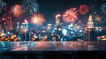 Obraz premium New Year fireworks illuminate cityscape at night with empty marble tabletop for product display or holiday promotion advertising montage.