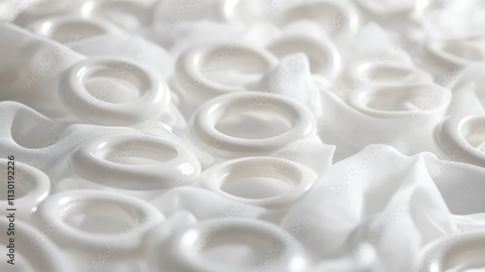 Poster background of multiple white round plastic ovals scattered on a smooth white cloth fabric creating a