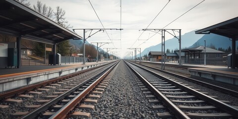 Fototapeta premium Empty train tracks stretching into the distance from the waiting platform in Belluno, Italy, travel, transportation, waiting platform
