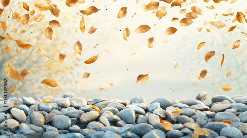 Poster Background of small pebbles scattered with falling dry leaves in a serene autumn setting with soft blurred colors
