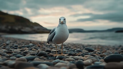 Seagull perched on a rocky beach at twilight with gentle waves in the background and a serene cloudy sky.