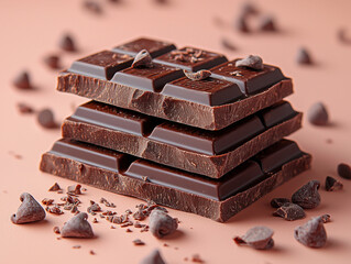  A stack of rich, dark chocolate bars is artfully arranged with scattered chocolate chips against a soft beige background. Perfect for culinary themes, food photography, or dessert inspiration.