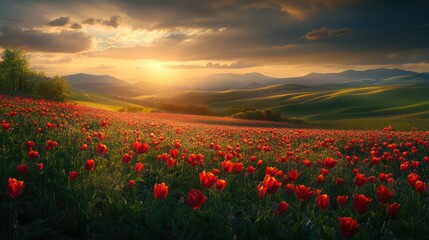 Vibrant Tulip Fields in Springtime Sunlight with Rolling Hills and Dramatic Sky Perfect for Nature and Landscape Photography