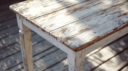Weathered wooden table with a white lacquer finish showcasing rustic charm and texture in natural lighting.