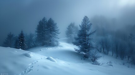 Panoramic winter forest shrouded in mist, tree silhouettes piercing through the thick fog. Cold, silent, and gothic
