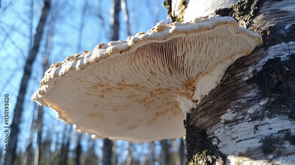 Aufkleber selective focus on the underside of a birch polypore mushroom growing on a birch tree trunk in a nat