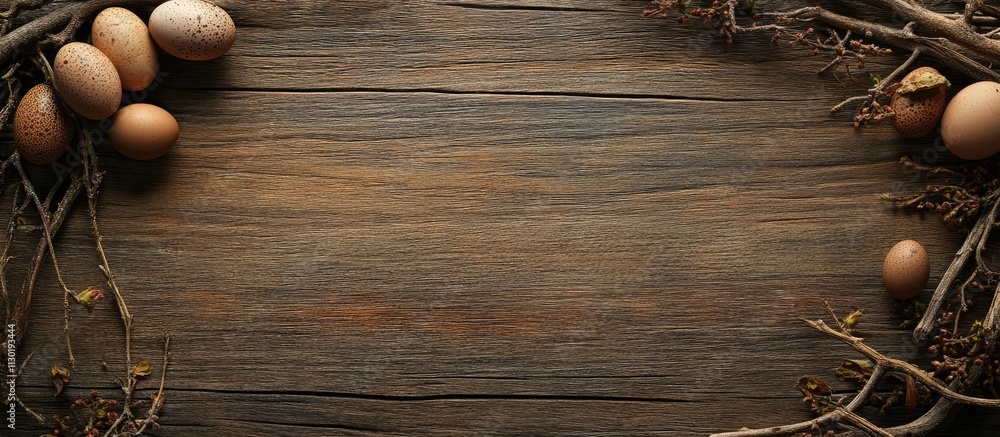 Poster wooden backdrop with decorative eggs and twigs creating a rustic frame ideal for inscriptions or sea