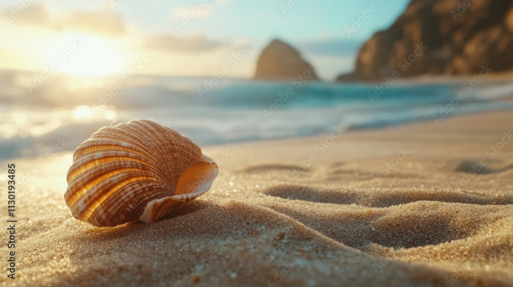 Poster Seashell resting on sandy beach with gentle ocean waves and sunset backdrop creating a serene coastal atmosphere