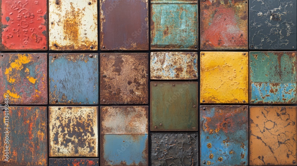 Poster textured background of weathered iron panels with rust and vibrant colors in a mosaic pattern for in