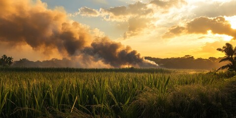 Fototapeta premium Thick smoke billows from an agricultural burn of sugar cane, a process that eliminates dried leaves known as trash. This sugar cane burning practice helps reduce production costs effectively.