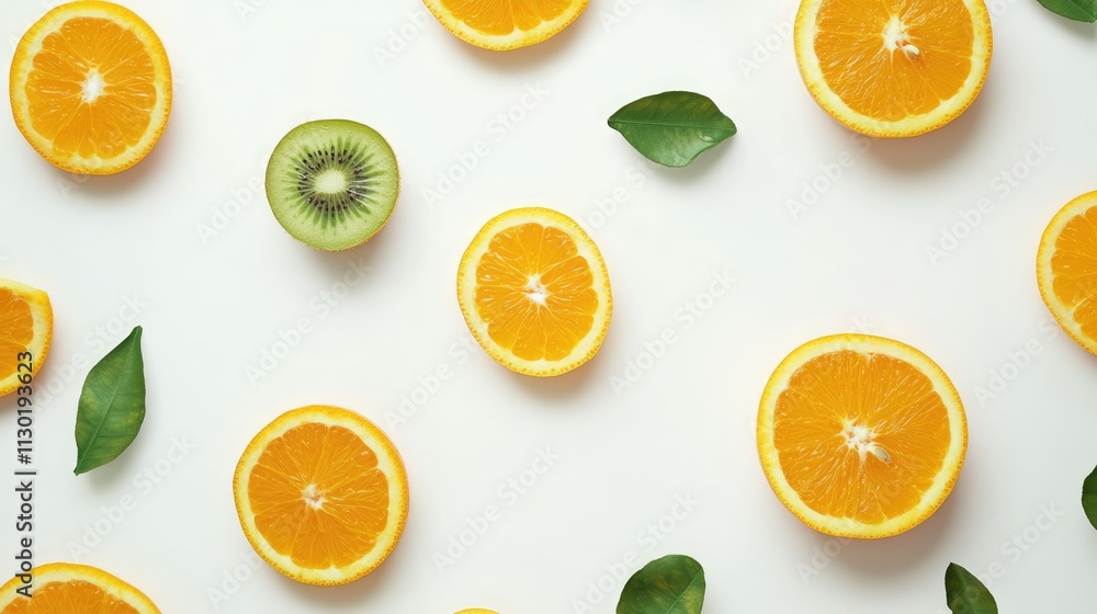 Aufkleber refreshing citrus background featuring sliced oranges and kiwi with green leaves on a clean white su