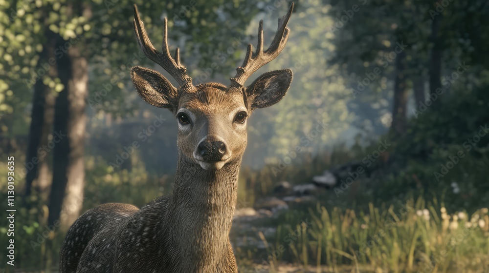 Poster close-up of a deer with antlers in a lush forest setting with grass and trees showcasing a serene na