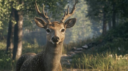 Obraz premium Close-up of a deer with antlers in a lush forest setting with grass and trees showcasing a serene natural environment