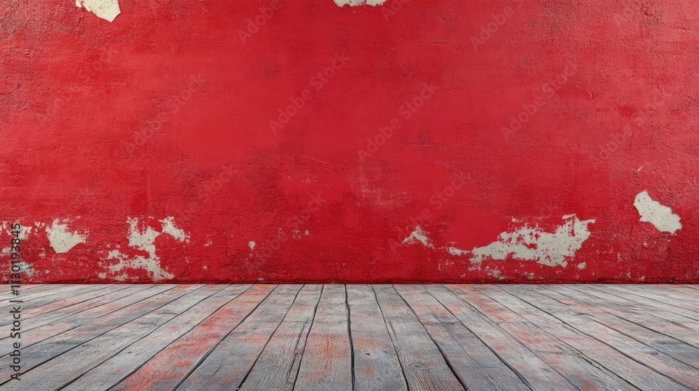 Poster vibrant red wall with peeling paint and uneven texture adding character for creative design projects
